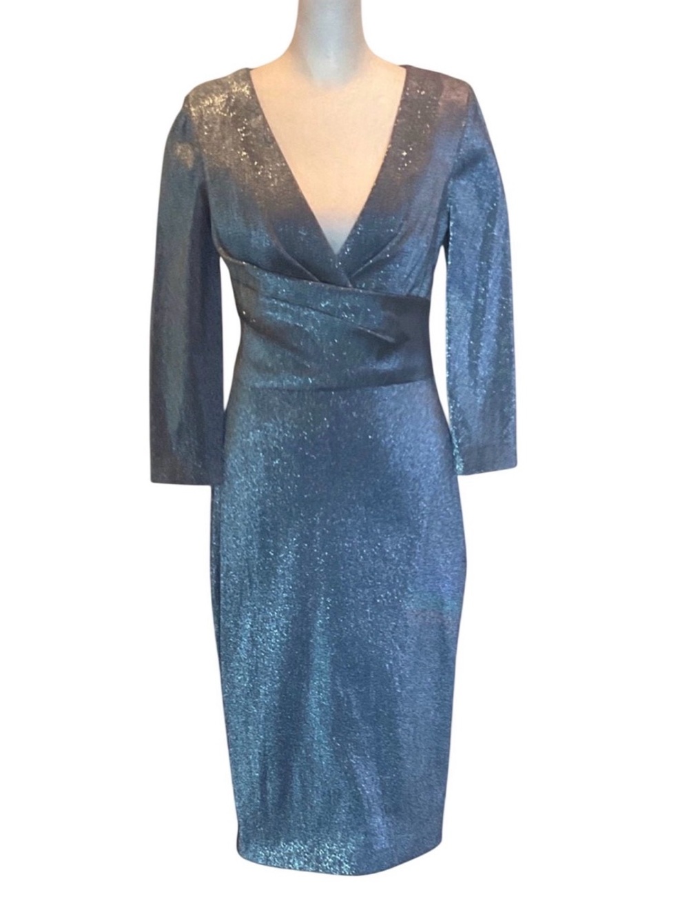 Theia Shimmering Blue Wrap Midi Dress - Size 6